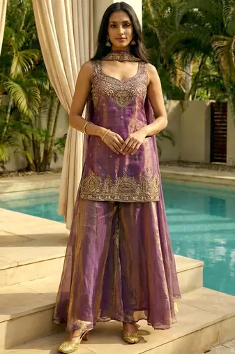 Light-purple embroidered satin palazzo suit