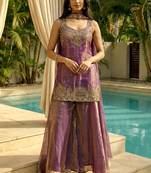 Light-purplr embroidered satin palazzo suit