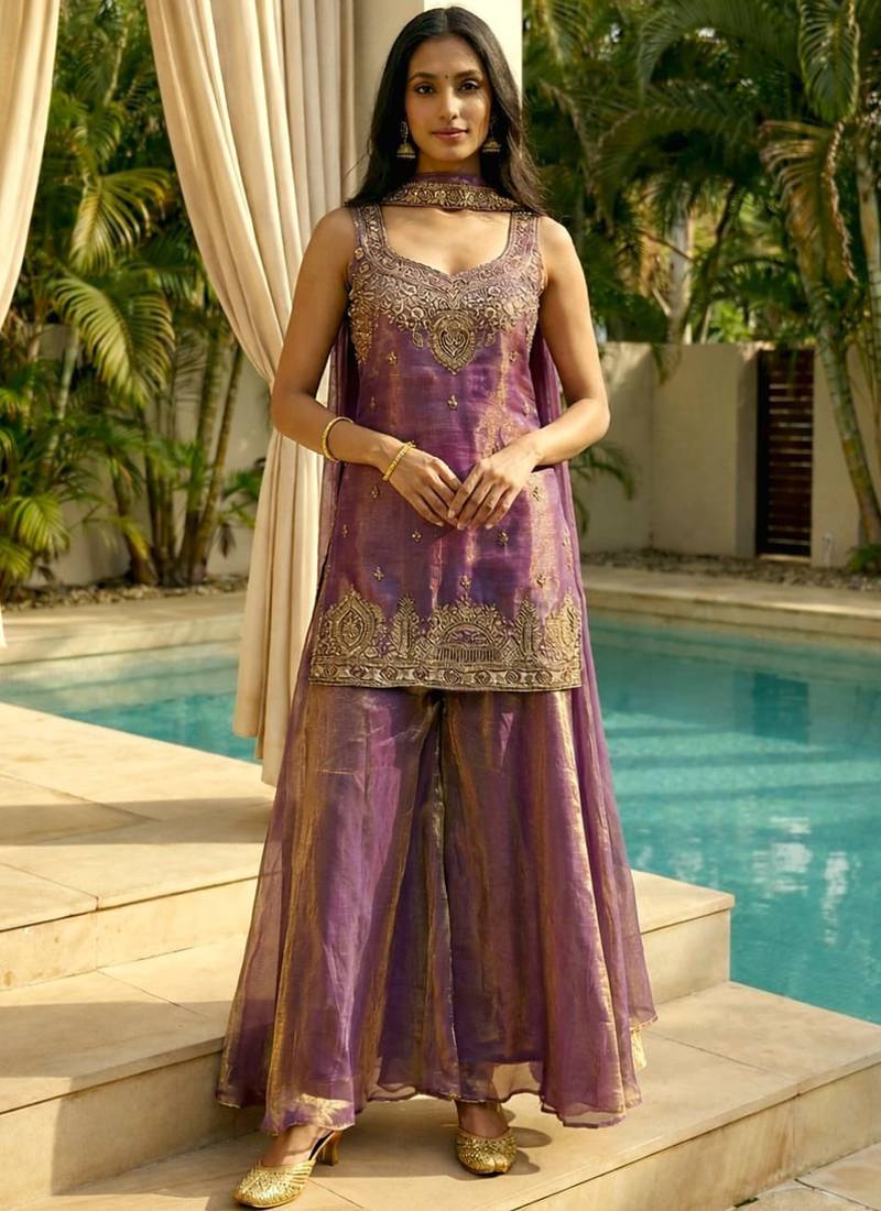 Light-purplr embroidered satin palazzo suit