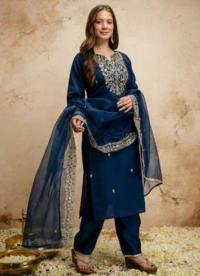 Dark-blue embroidered chanderi salwar suit 2
