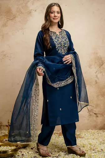 Dark-blue embroidered chanderi salwar suit