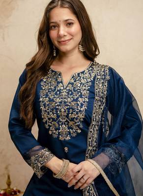 Dark-blue embroidered chanderi salwar suit 3