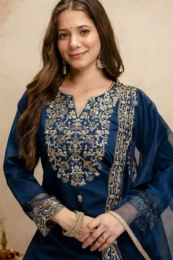 Dark-blue embroidered chanderi salwar suit