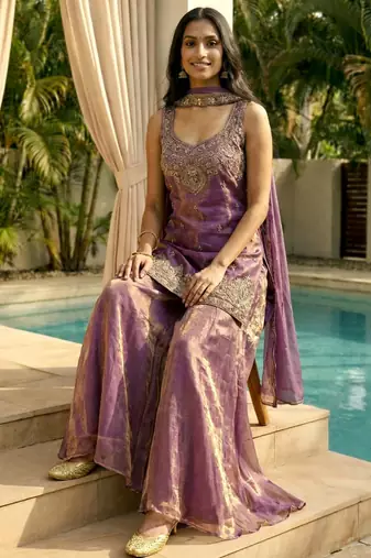 Light-purple embroidered satin palazzo suit