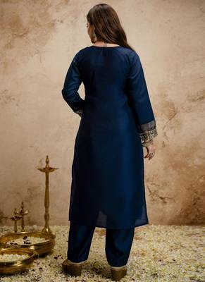 Dark-blue embroidered chanderi salwar suit 4