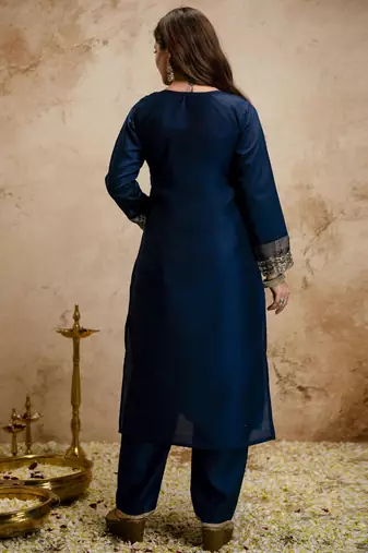 Dark-blue embroidered chanderi salwar suit