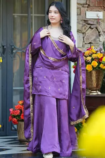 Purple embroidered fendy silk salwar suit