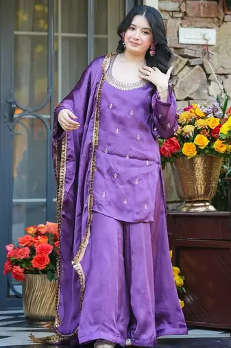 Purple embroidered fendy silk salwar suit