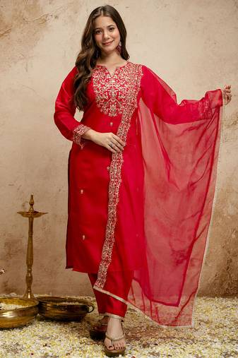 Red embroidered chanderi salwar suit
