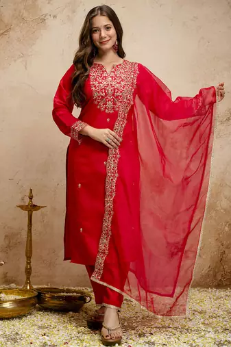 Red embroidered chanderi salwar suit