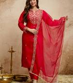Red embroidered chanderi salwar suit