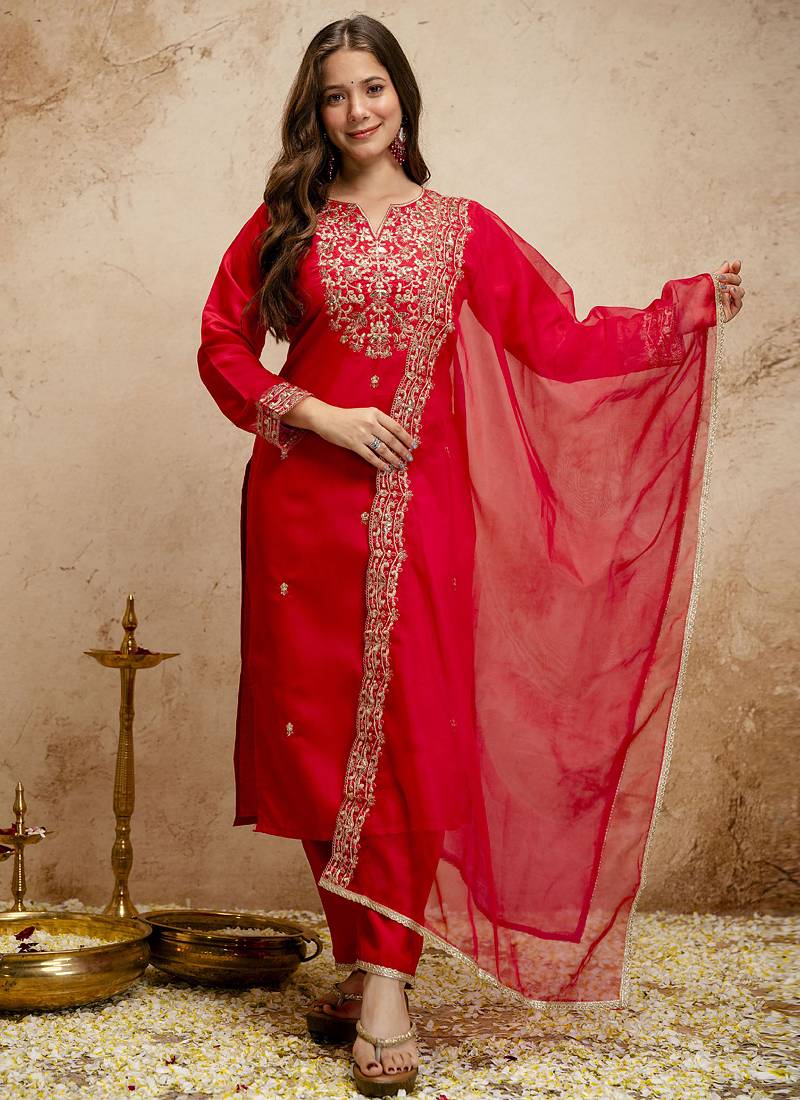 Red embroidered chanderi salwar suit