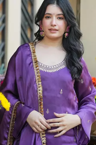 Purple embroidered fendy silk salwar suit