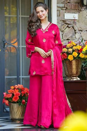 Rani-pink embroidered fendy silk salwar suit