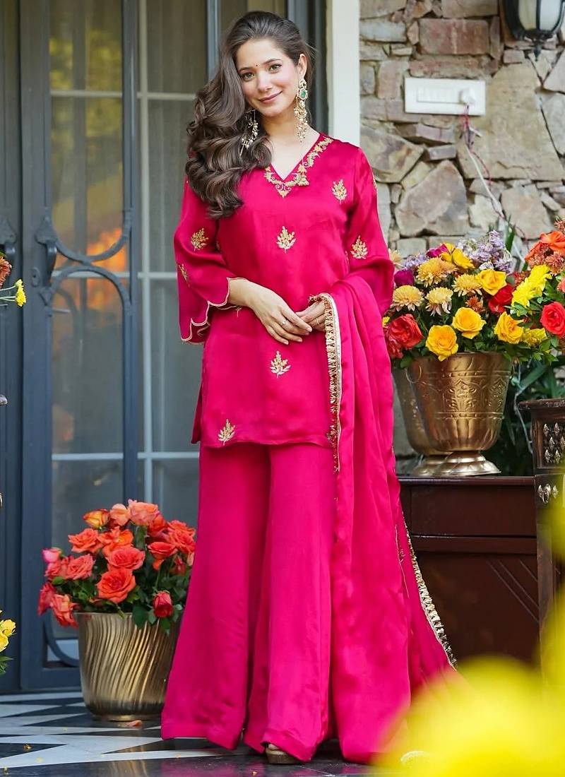 Rani-pink embroidered fendy silk salwar suit