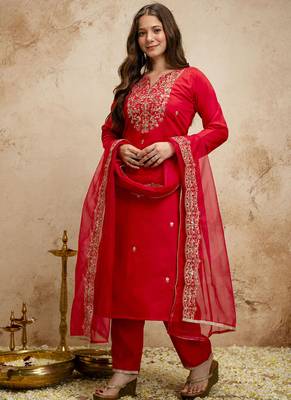 Red embroidered chanderi salwar suit 2