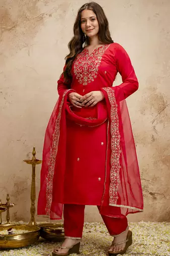 Red embroidered chanderi salwar suit