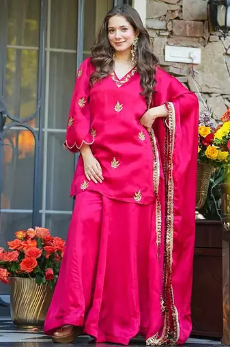 Rani-pink embroidered fendy silk salwar suit