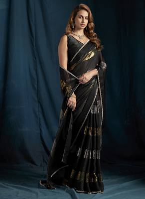 designer black heavy zarkan hand work satin silk saree 1