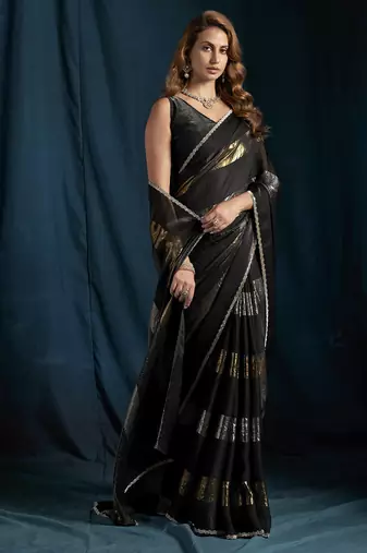 designer black heavy zarkan hand work satin silk saree