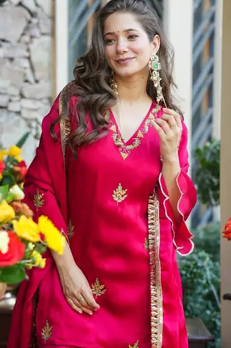 Rani-pink embroidered fendy silk salwar suit
