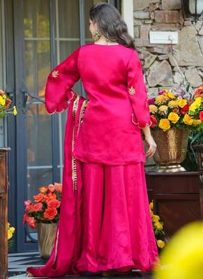 Rani-pink embroidered fendy silk salwar suit 4