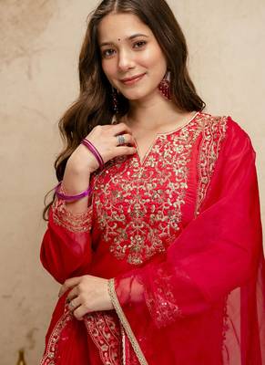 Red embroidered chanderi salwar suit 3