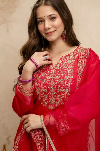 Red embroidered chanderi salwar suit