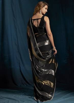 designer black heavy zarkan hand work satin silk saree 2