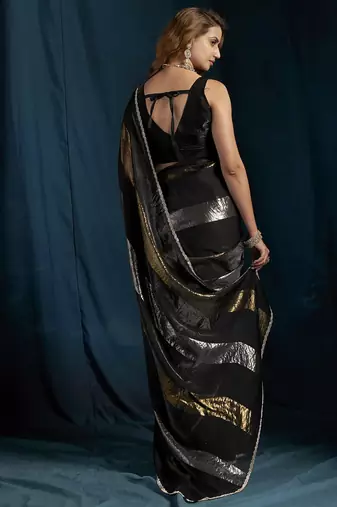 designer black heavy zarkan hand work satin silk saree