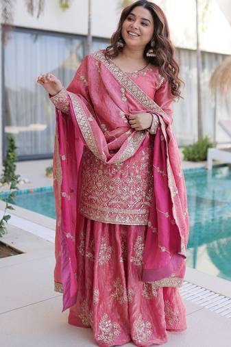 Light-pink embroidered fendy silk salwar suit