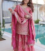 Light-pink embroidered fendy silk salwar suit