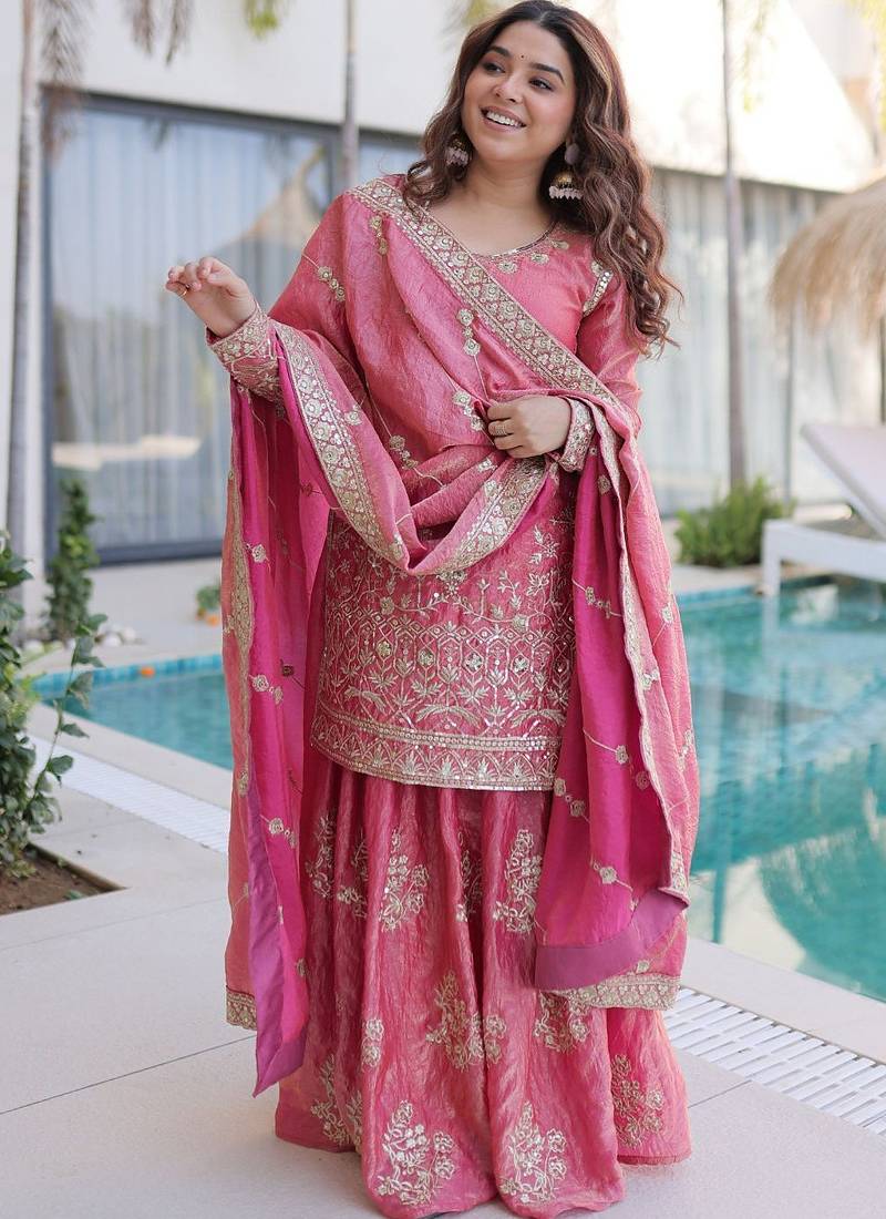 Light-pink embroidered fendy silk salwar suit
