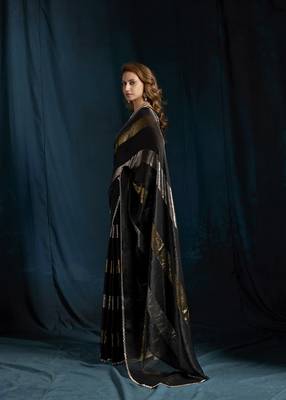 designer black heavy zarkan hand work satin silk saree 3