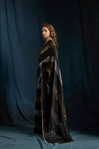 designer black heavy zarkan hand work satin silk saree