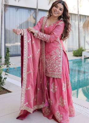 Light-pink embroidered fendy silk salwar suit 2