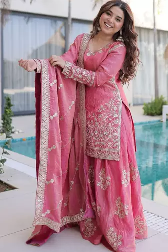 Light-pink embroidered fendy silk salwar suit