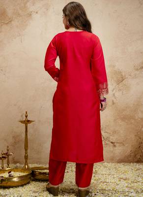 Red embroidered chanderi salwar suit 4