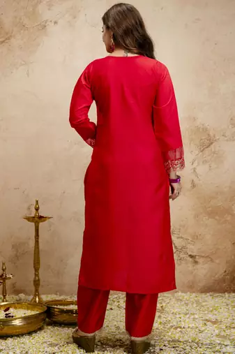 Red embroidered chanderi salwar suit