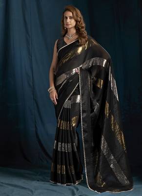 designer black heavy zarkan hand work satin silk saree 4