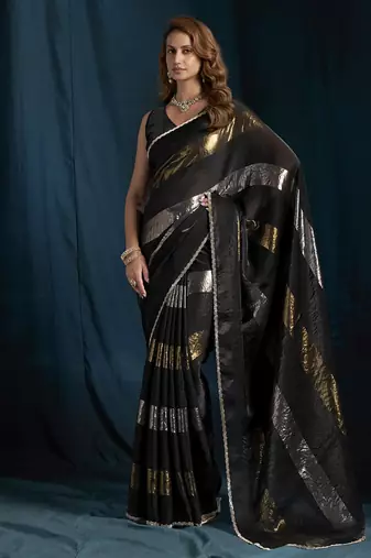 designer black heavy zarkan hand work satin silk saree