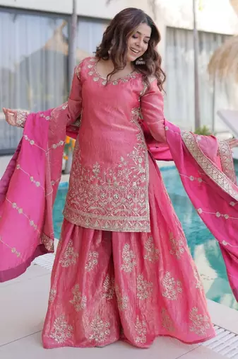 Light-pink embroidered fendy silk salwar suit