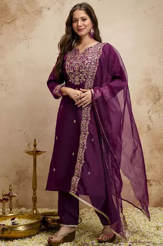 Dark-purple embroidered chanderi salwar suit