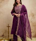 Dark-purple embroidered chanderi salwar suit