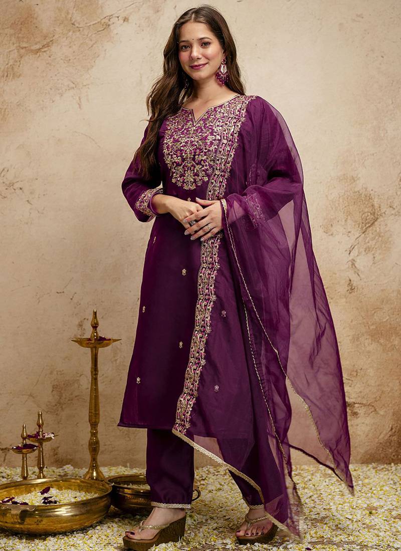 Dark-purple embroidered chanderi salwar suit