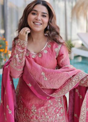 Light-pink embroidered fendy silk salwar suit 4