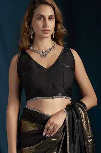 designer black heavy zarkan hand work satin silk saree