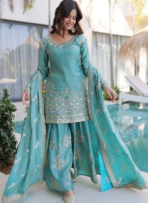 Sky-blue embroidered fendy silk salwar suit 1