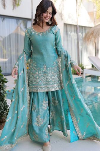 Sky-blue embroidered fendy silk salwar suit