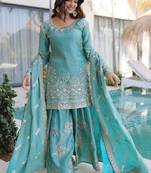 Sky-blue embroidered fendy silk salwar suit
